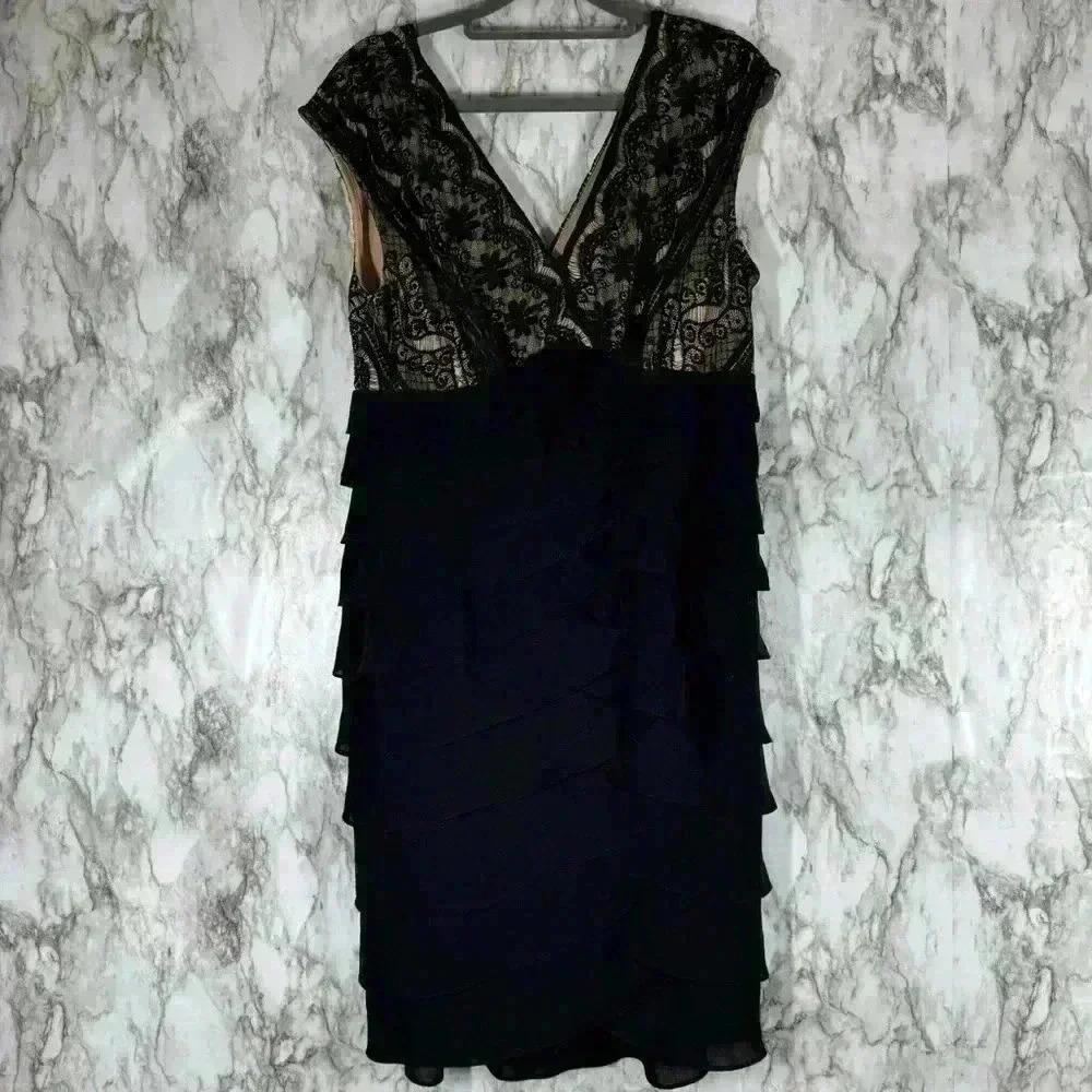 Adrianna Papell Black & Tan Lace Overlay Tiered Ruffle V-Neck Sheath Dress Sz 14